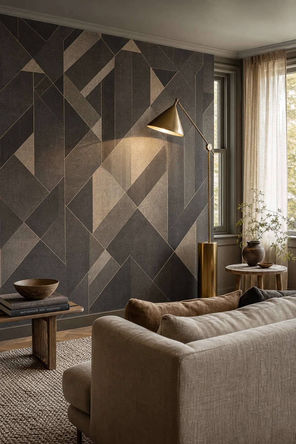Gray accent wall living room with bold geometric wallpaper hero, lit by a sculptural floor lamp, warm evening light, Farrow and Ball Stoke paint trim