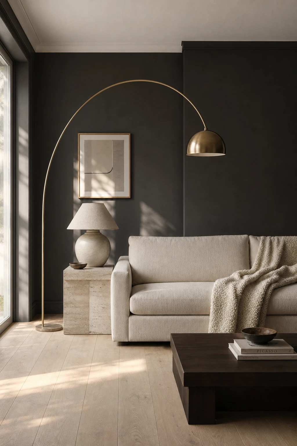 Gray accent wall living room with charcoal walls paired with cream linen sofa, brass floor lamp, light oak flooring and white ceiling creating airy contrast