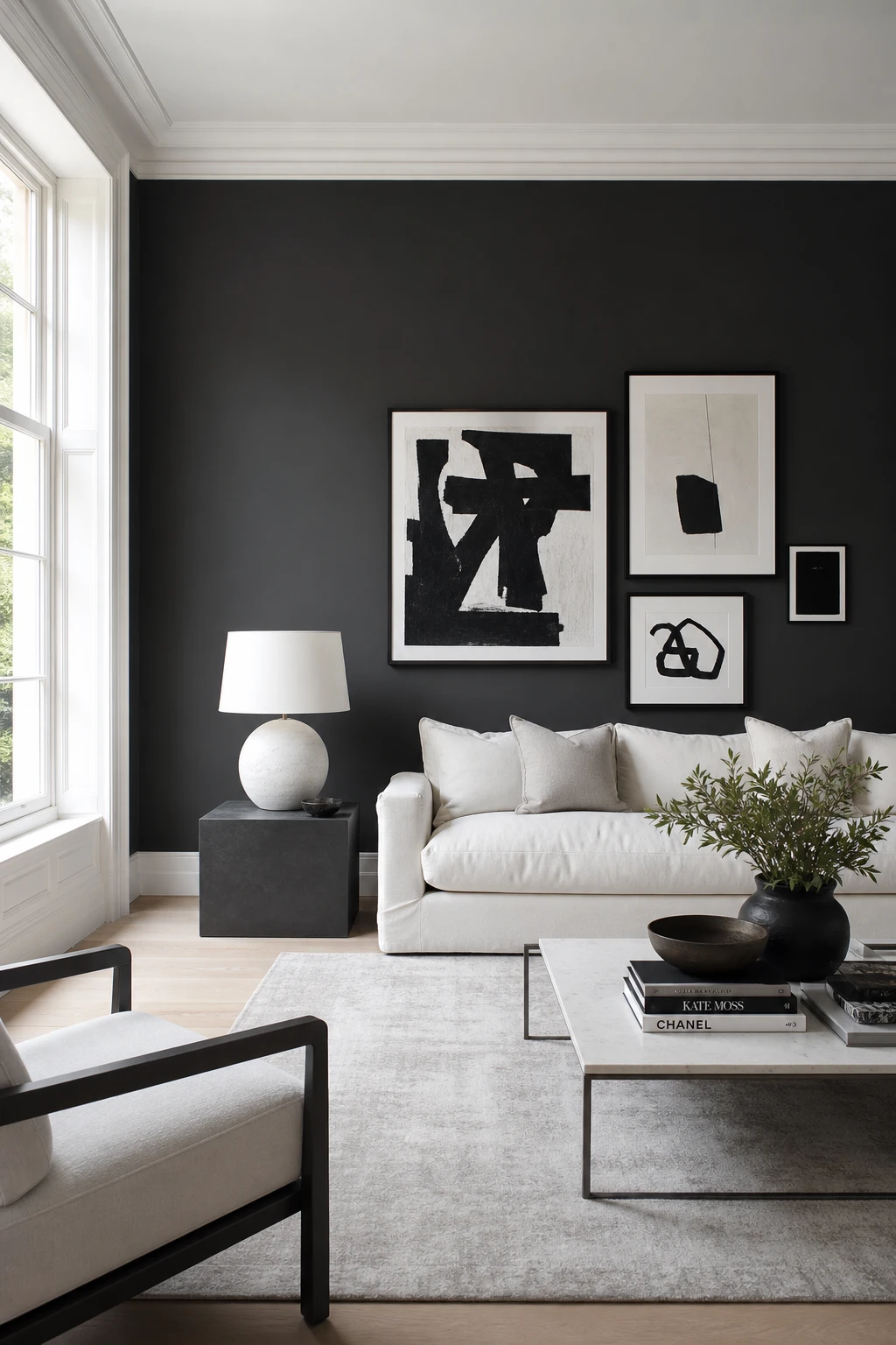 Gray accent wall living room with dark grey and white contrast featuring Farrow and Ball Smelt Black painted wall paired with crisp white trim and furnishings