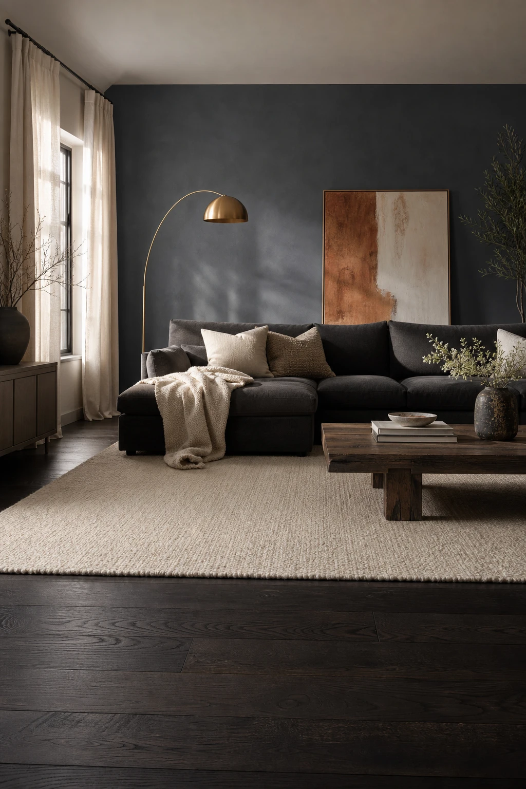Gray accent wall living room with dark hardwood floors, light layered rug, deep sofa, and Farrow and Ball Inchyra Blue painted feature wall in natural afternoon light