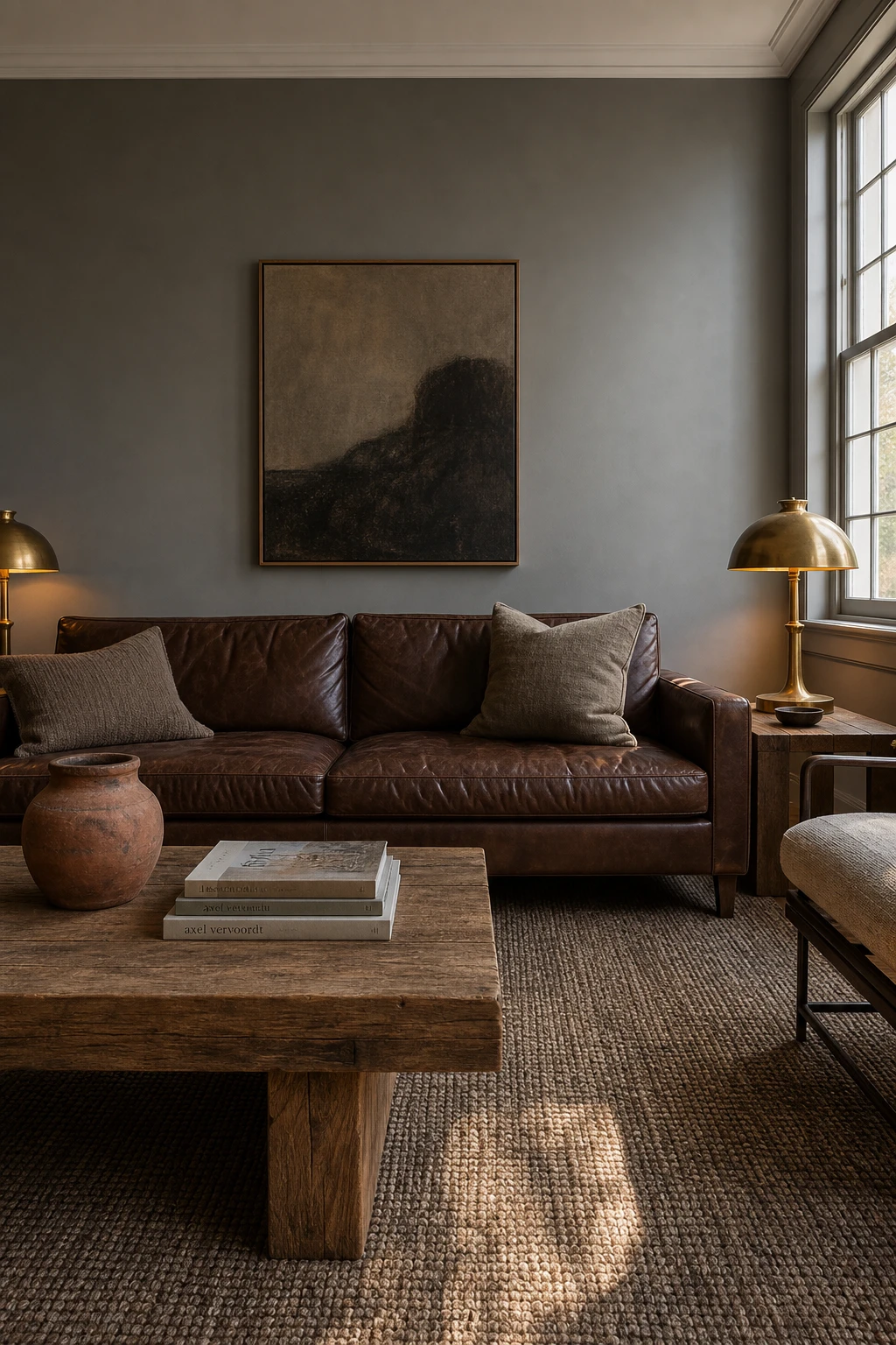 Gray accent wall living room with grey and brown as the hero, featuring earthy leather sofa, wooden coffee table, woven rug, and warm afternoon light