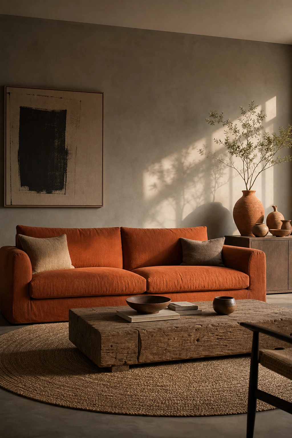 Gray accent wall living room with grey and orange pairing, Farrow and Ball Purbeck Stone feature wall, warm sofa, woven textures, afternoon light