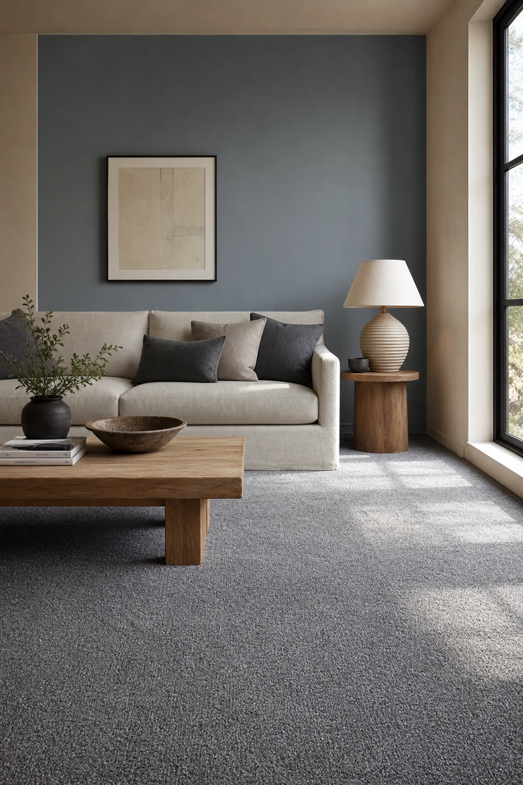 Gray accent wall living room with grey carpet as the hero, beige walls, natural light, and layered neutral textures in a styled sitting area