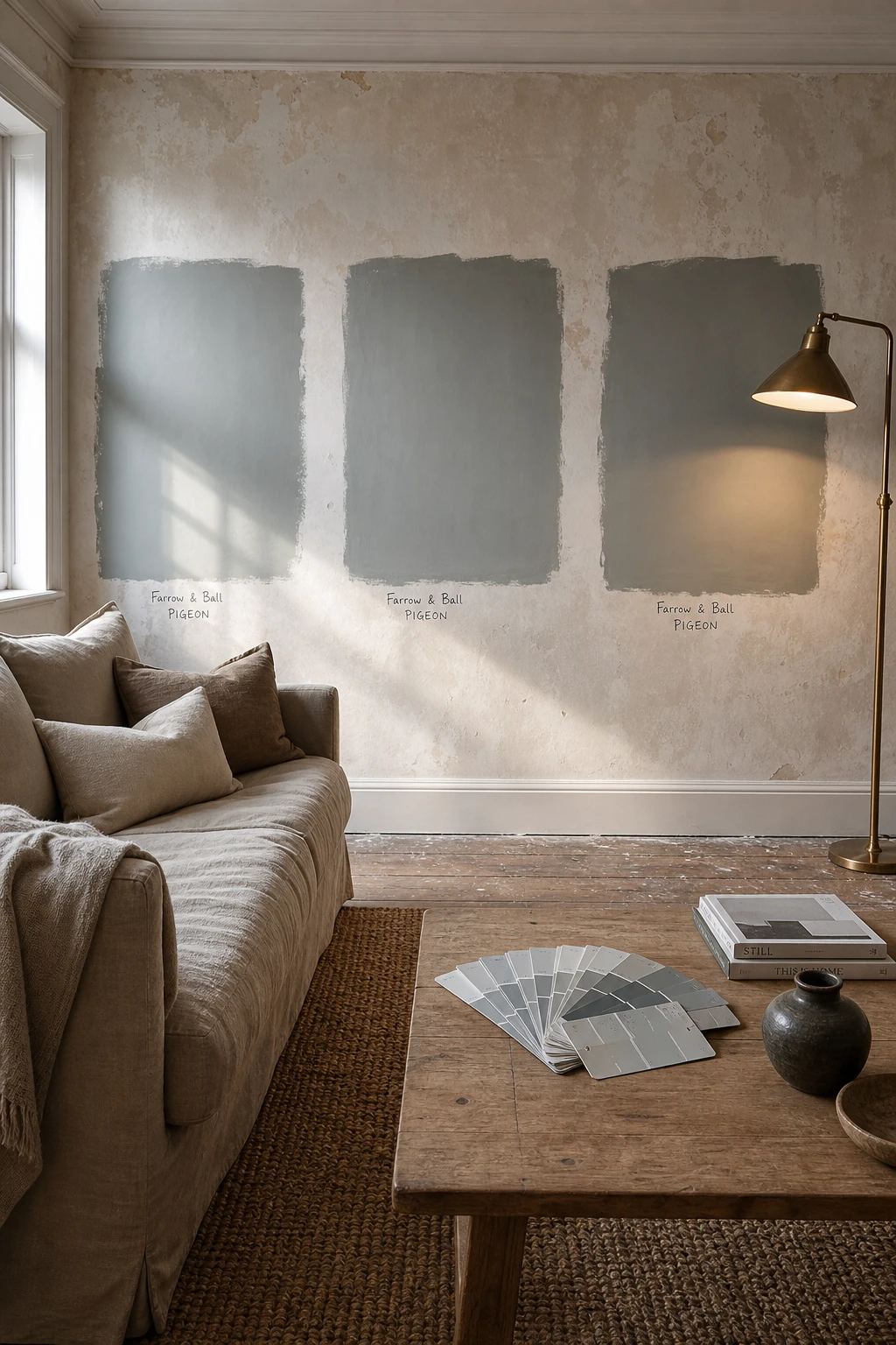 Gray accent wall living room with large Farrow and Ball Pigeon paint swatches tested side by side on a plaster wall in natural afternoon light