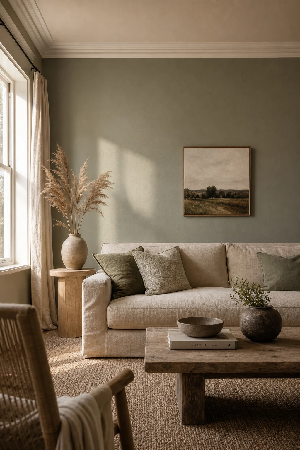 Gray accent wall living room with sage green and beige tones, linen sofa, woven textures, and Farrow & Ball Mizzle painted feature wall in a serene countryside style