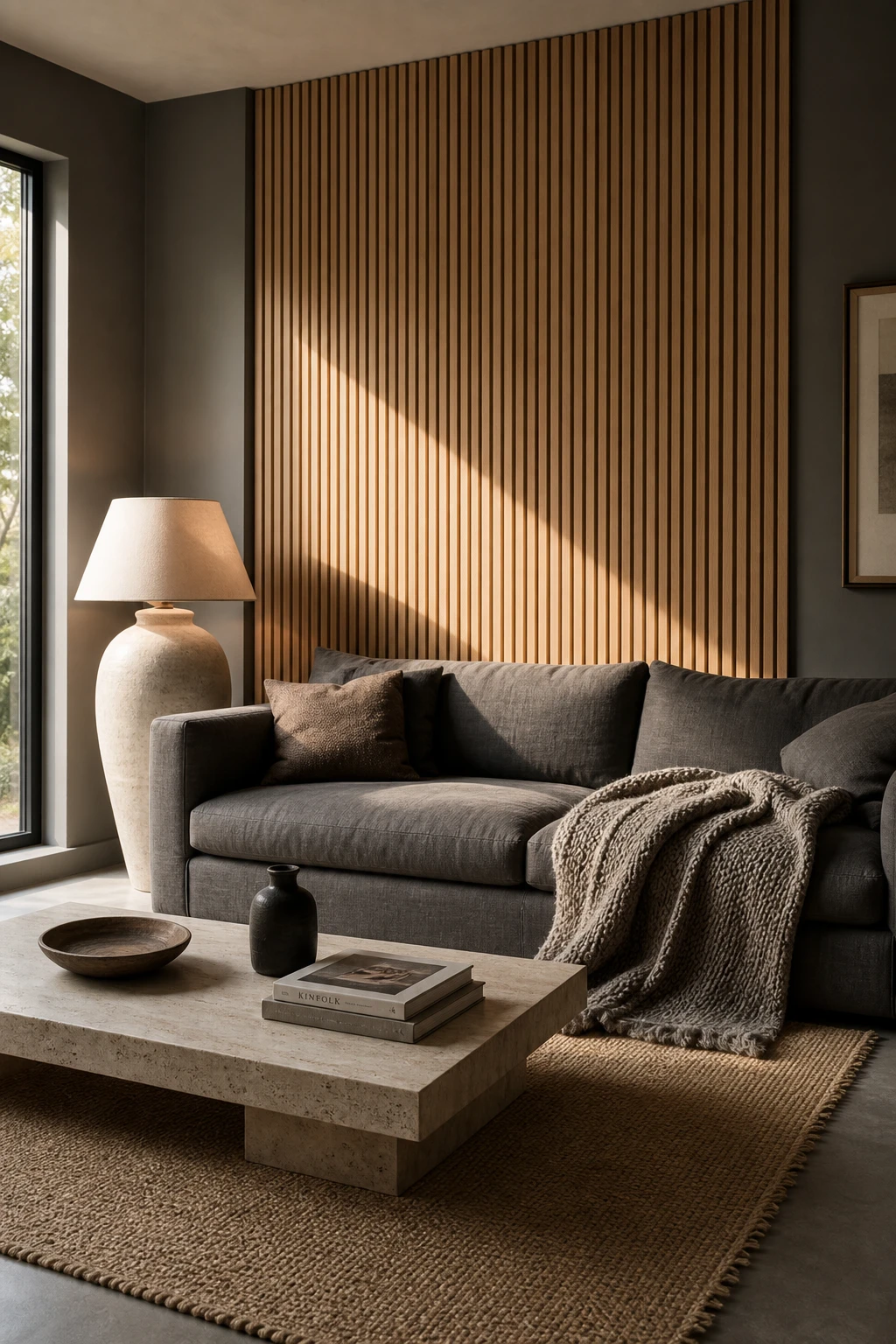 Gray accent wall living room with vertical wood slat wall in warm ash behind a grey sofa, lit by afternoon side light, Farrow and Ball Worsted paint on flanking walls