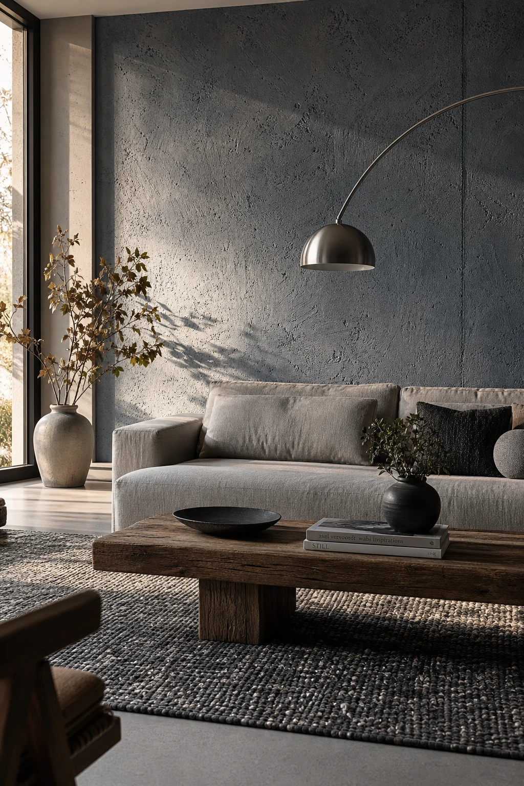 Gray living room with a concrete texture accent wall painted Inchyra Blue, featuring raw industrial details, soft furnishings and warm afternoon light