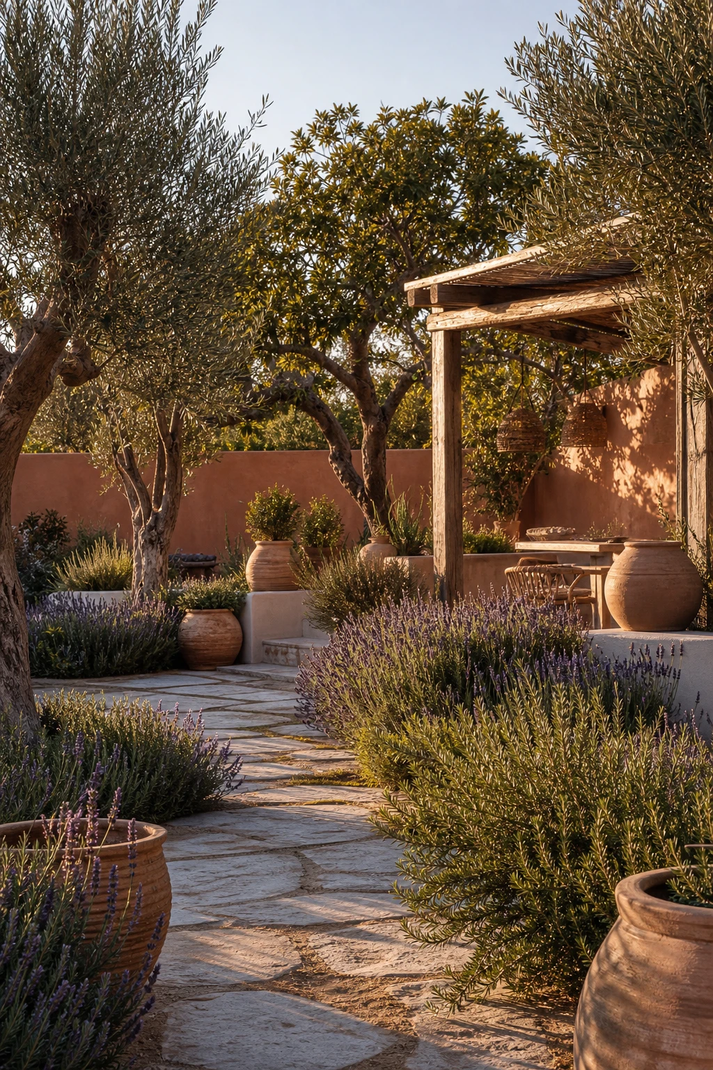 Greek Mediterranean backyard with landscape planting as hero, terracotta pots, olive trees, lavender borders, whitewashed walls painted Faded Terracotta, afternoon light