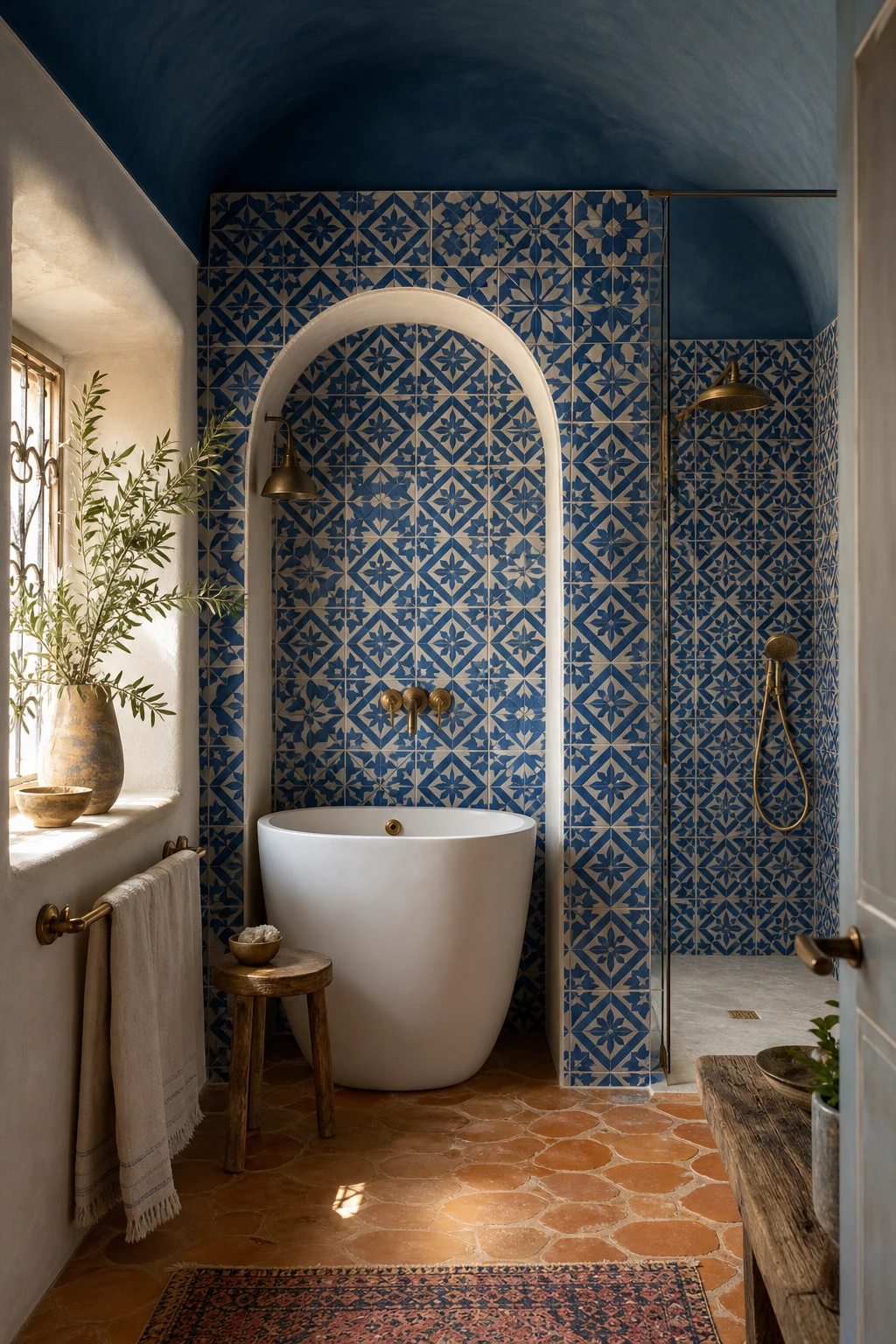 Greek Mediterranean bathroom with cobalt blue and white tiles, arched alcove, terracotta floor, brass fixtures, and Cook's Blue painted walls in warm afternoon light