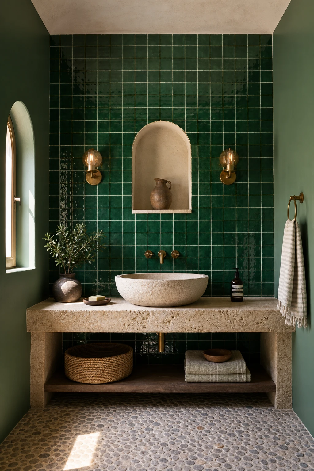 Greek Mediterranean bathroom with jewel green tile wall hero, arched niche, aged brass fixtures, white plaster, and pebble mosaic floor in warm morning light