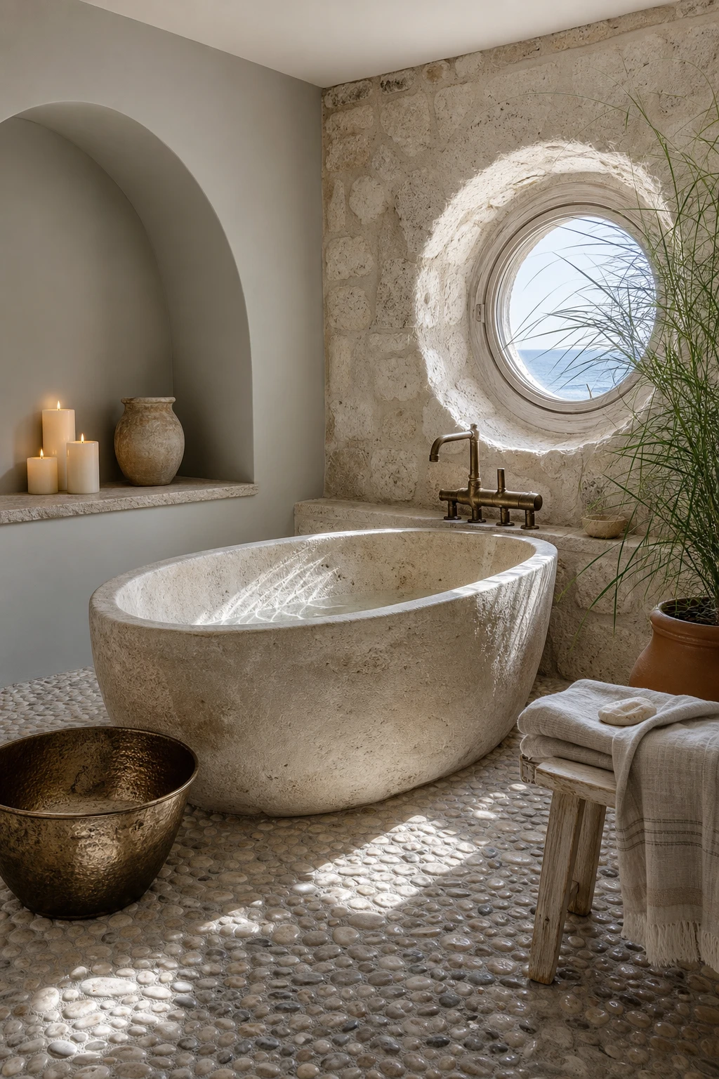 Greek Mediterranean bathroom with travertine walls, pebble mosaic floor, deep soaking tub, and Farrow & Ball Borrowed Light paint on arched alcove walls