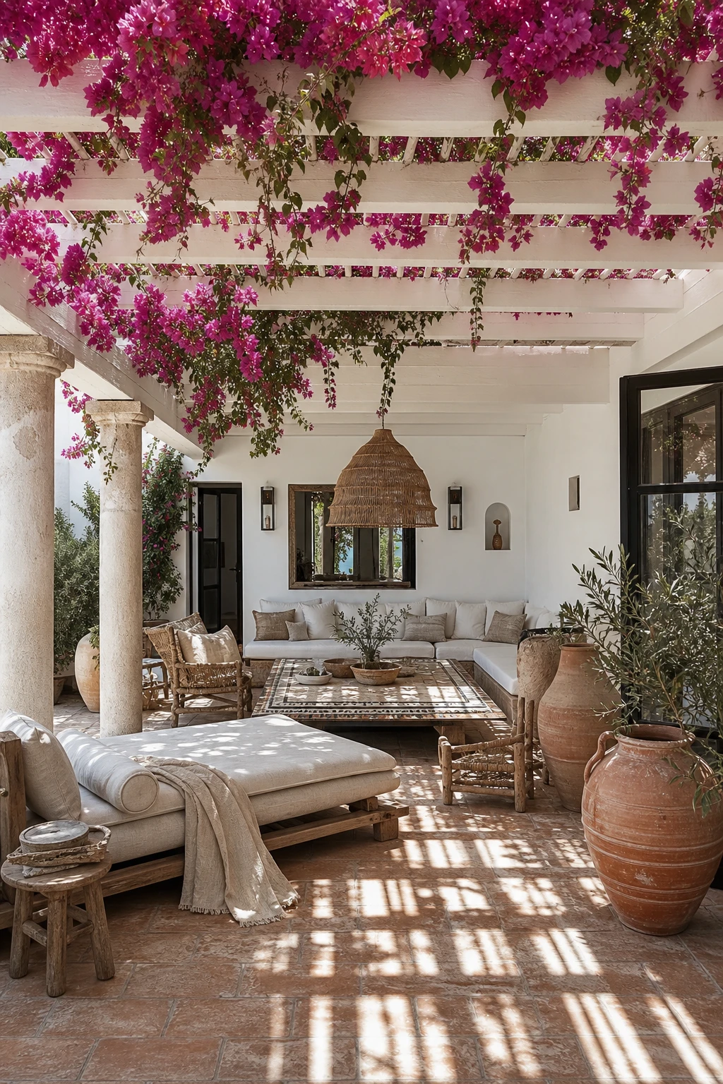 Greek Mediterranean courtyard styled as an open air living room with whitewashed walls, terracotta floor tiles, linen seating and cascading bougainvillea under soft afternoon light