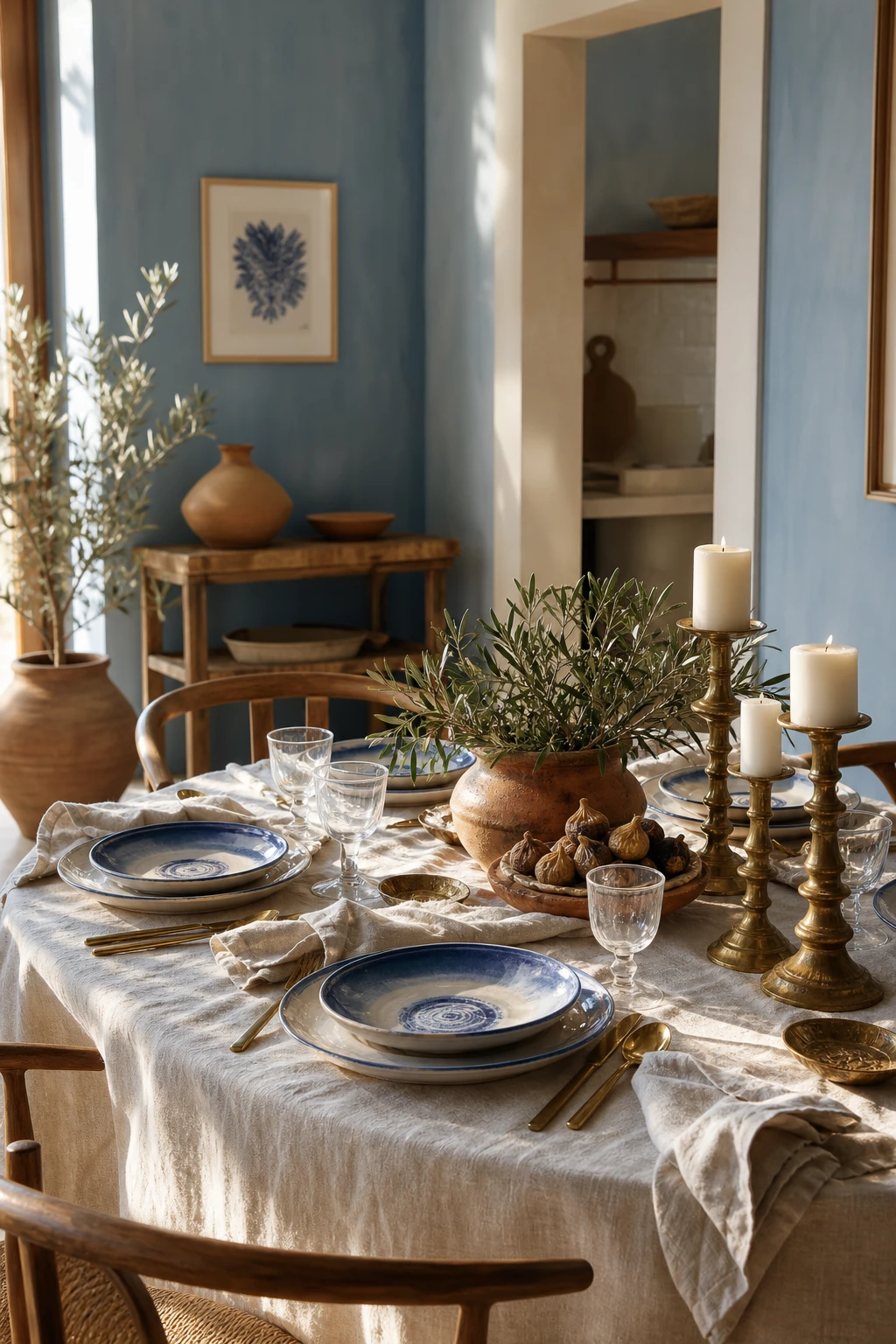 Greek Mediterranean dining table styled with artisan ceramics, linen napkins, olive branch centrepiece, terracotta accents and Farrow and Ball Powder Blue painted walls