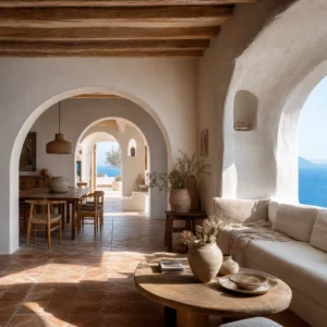 Greek Mediterranean interior design open plan room with whitewashed arched walls, built in linen bench seating, terracotta floor tiles, timber ceiling beams, and warm south western morning light.