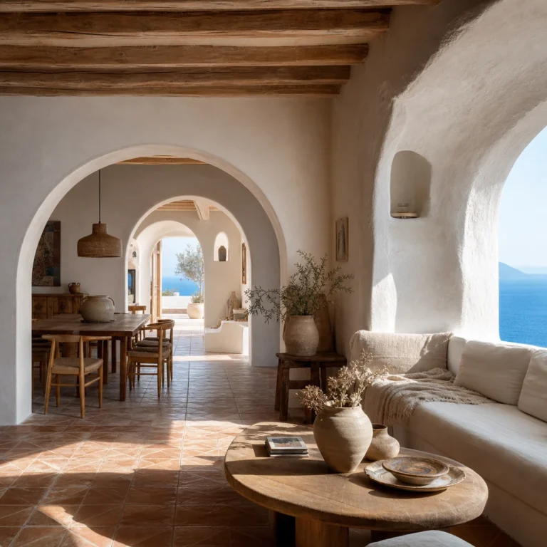 Greek Mediterranean interior design open plan room with whitewashed arched walls, built in linen bench seating, terracotta floor tiles, timber ceiling beams, and warm south western morning light.