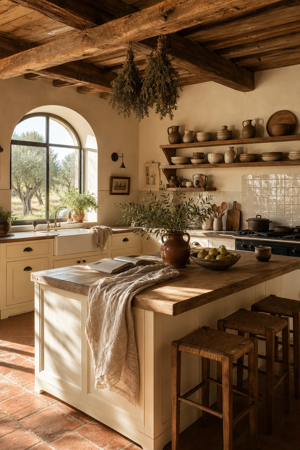 Greek Mediterranean interior design open rustic kitchen with terracotta floor tiles, whitewashed walls, wooden ceiling beams, handmade ceramic vessels and warm natural light