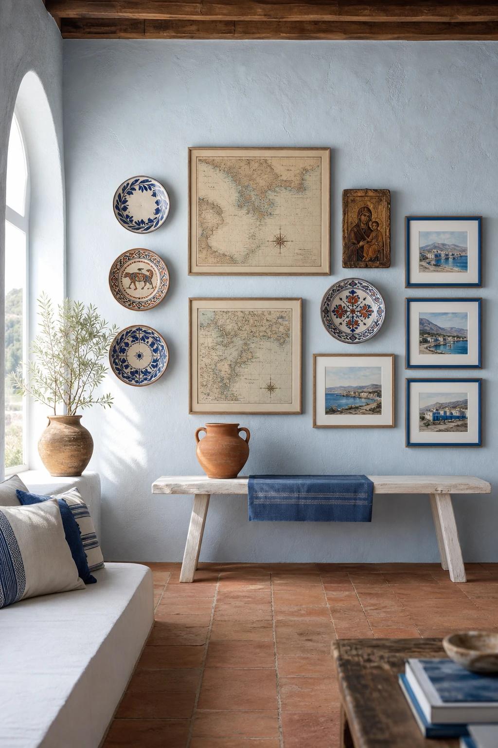 Greek Mediterranean interior with a curated coastal gallery wall featuring antique maps, ceramic plates and blue framed artwork above a whitewashed console table