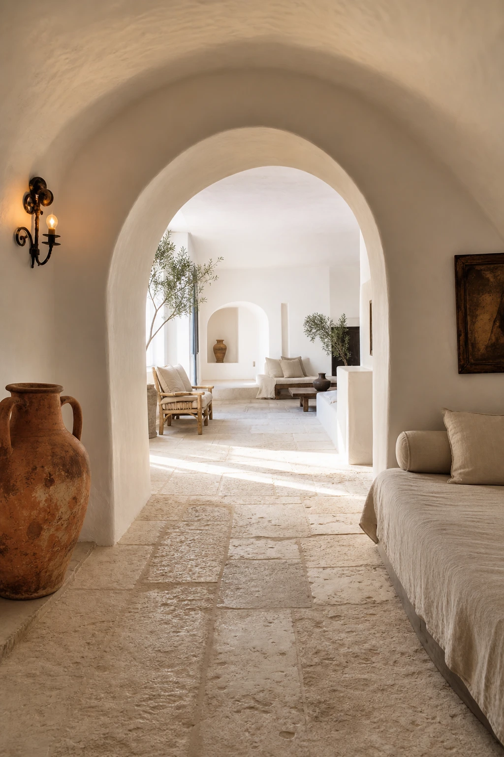 Greek Mediterranean interior with a curved arch opening plastered in Farrow and Ball Shadow White leading to a sunlit whitewashed room beyond