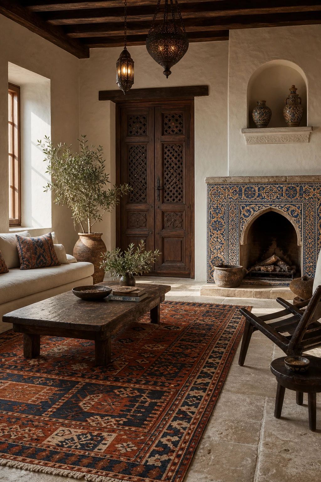 Greek Mediterranean interior with carved wooden doors, hand painted ceramic tiles, whitewashed arched alcove, wrought iron lantern and Farrow Ball Pointing warm white walls