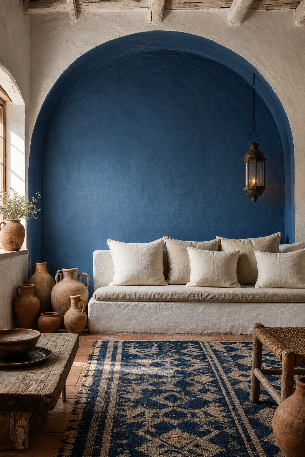 Greek Mediterranean interior with classic blue and white palette, whitewashed walls, terracotta floor tiles, handwoven textiles and arched doorway in warm afternoon light