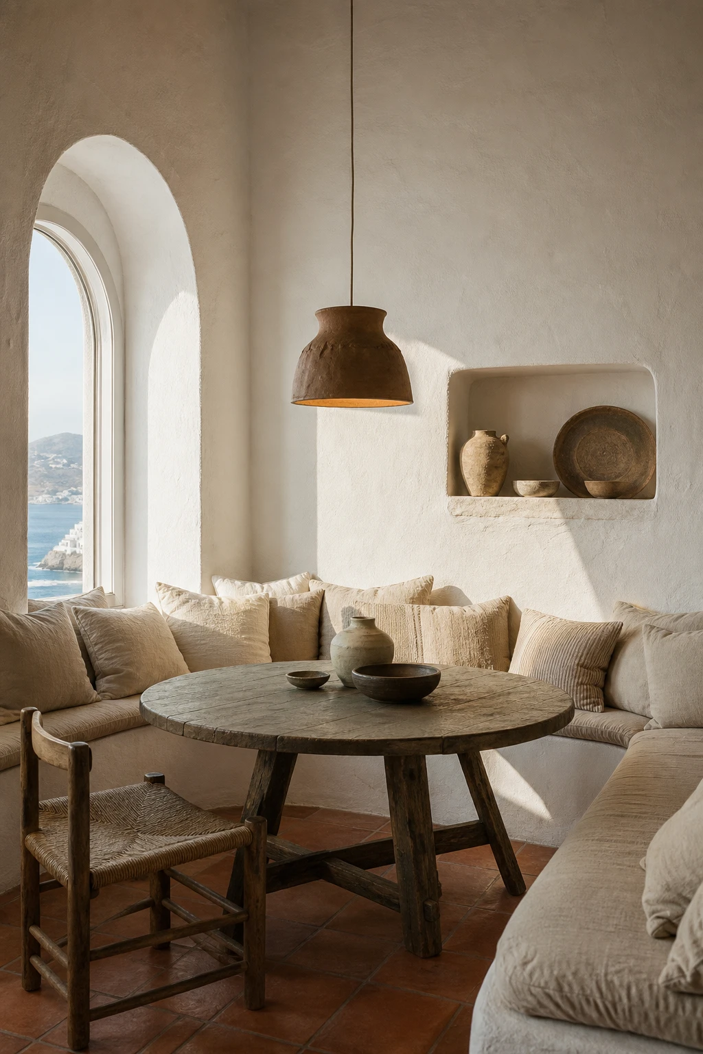 Greek Mediterranean interior with integral banquette built into a whitewashed alcove, linen cushions, terracotta floor tiles, arched window and coastal afternoon light