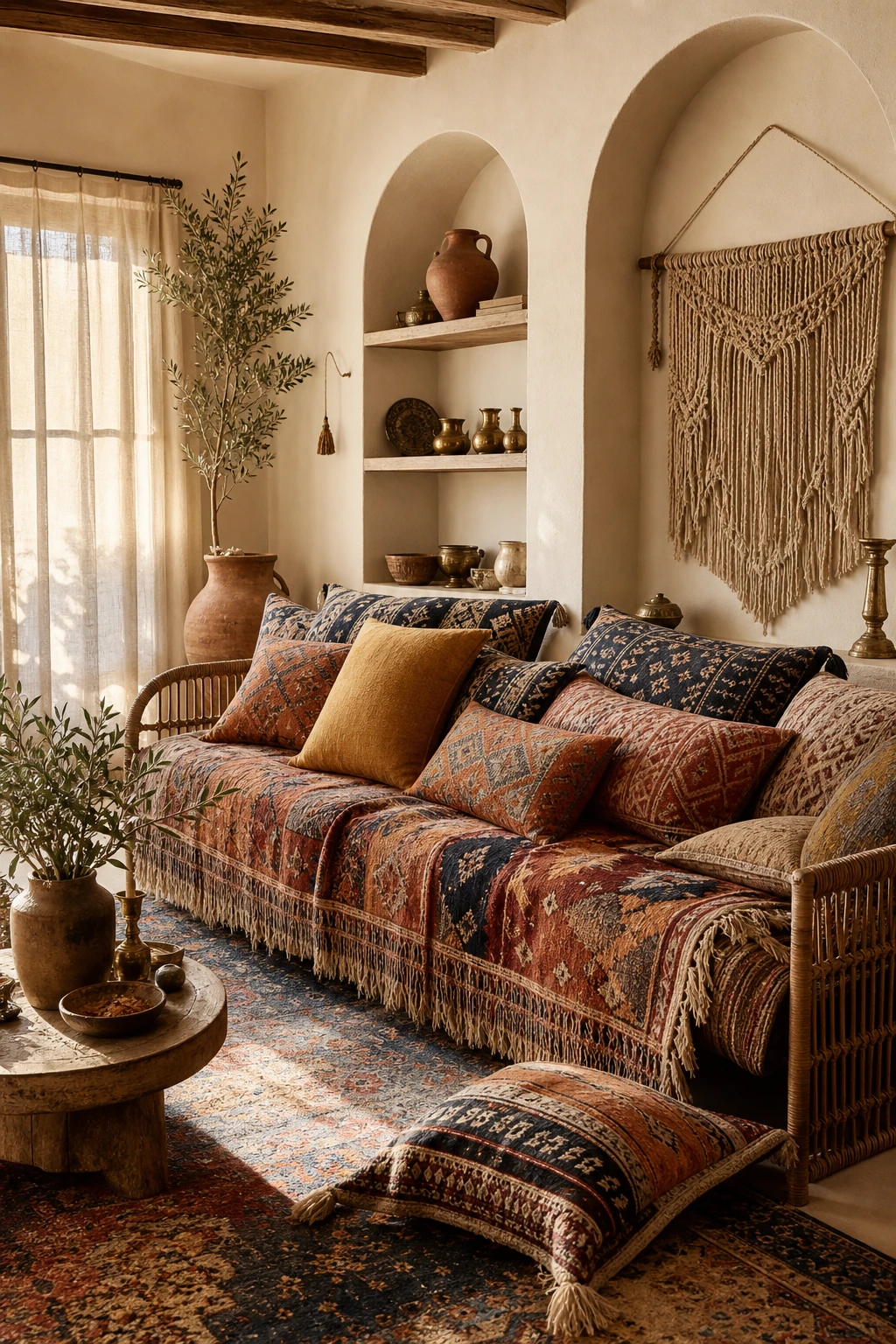 Greek Mediterranean interior with layered boho warmth, woven textiles, patterned cushions, rattan furniture, terracotta tones, and Farrow & Ball Clunch painted walls