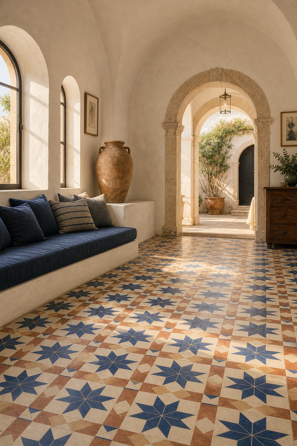 Greek Mediterranean interior with patterned encaustic floor tiles as the hero, whitewashed walls in Farrow and Ball New White, terracotta urns and woven accents under warm afternoon light