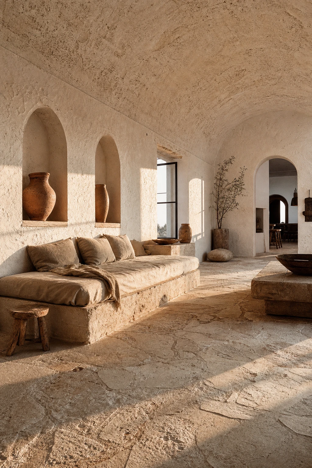 Greek Mediterranean interior with raw mineral surfaces, rough plaster walls in Old White, stone floor, arched niches, handwoven textiles and terracotta vessels in warm afternoon light