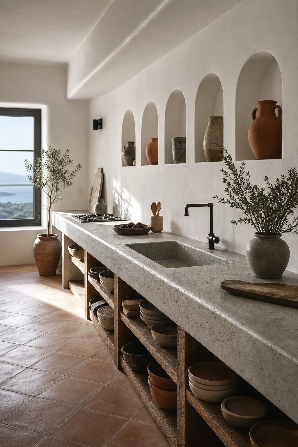 Greek Mediterranean kitchen interior with a white concrete work surface hero, whitewashed walls in Cornforth White, terracotta floor tiles, and open timber shelving under warm morning light