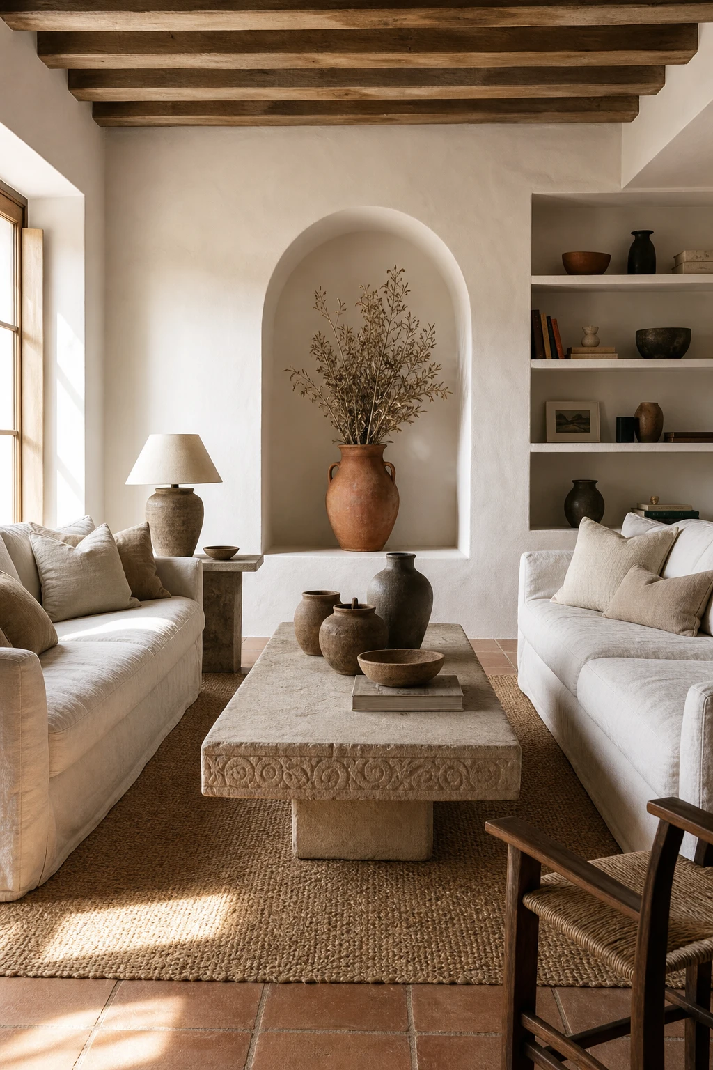 Greek Mediterranean living room with a relaxed conversation seating arrangement, whitewashed walls in warm white, terracotta floor tiles, linen sofas and woven accents in soft natural light