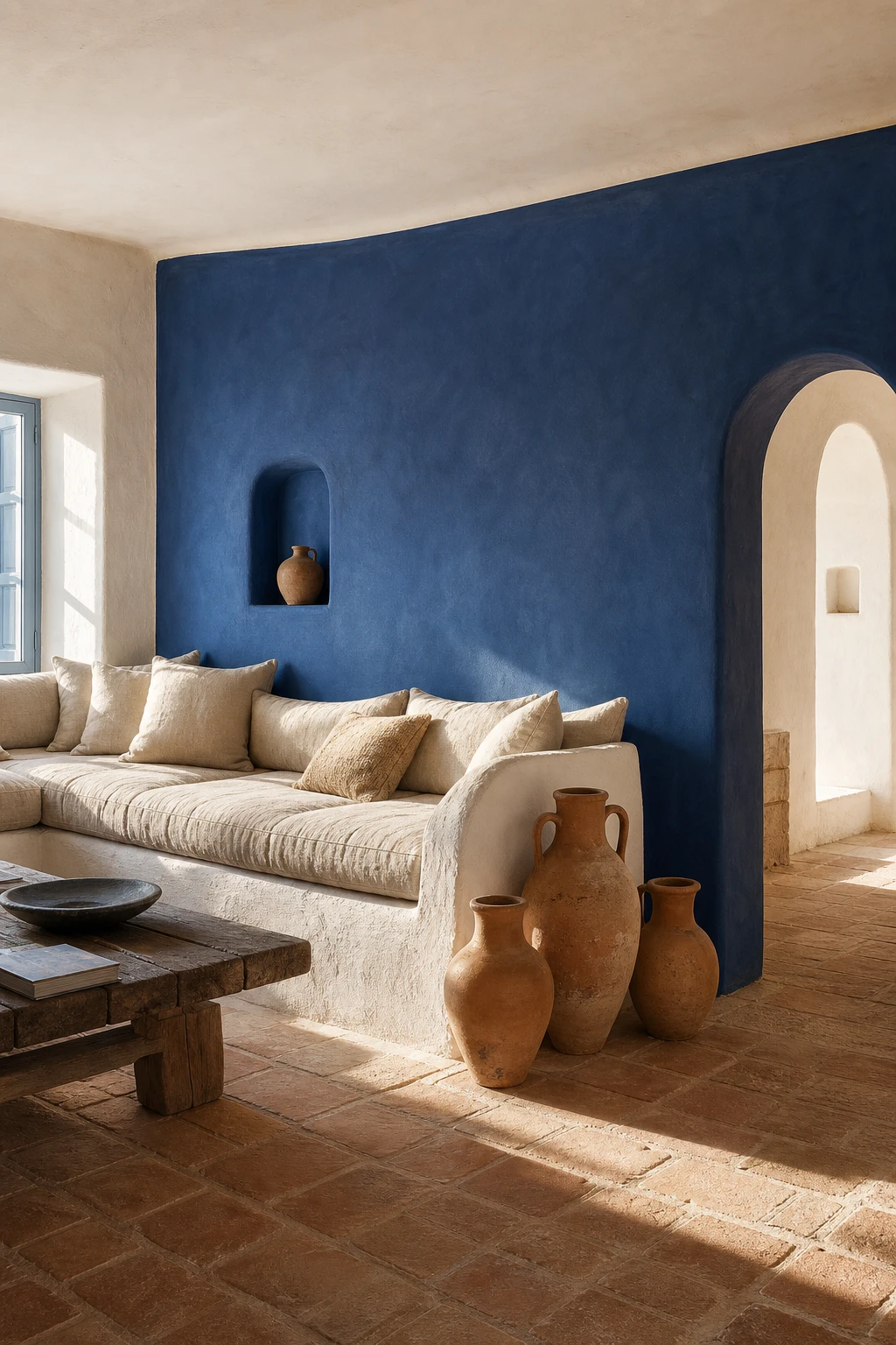 Greek Mediterranean living room with cobalt blue dome palette accent wall, whitewashed plaster, terracotta floor tiles, and linen seating bathed in warm afternoon light