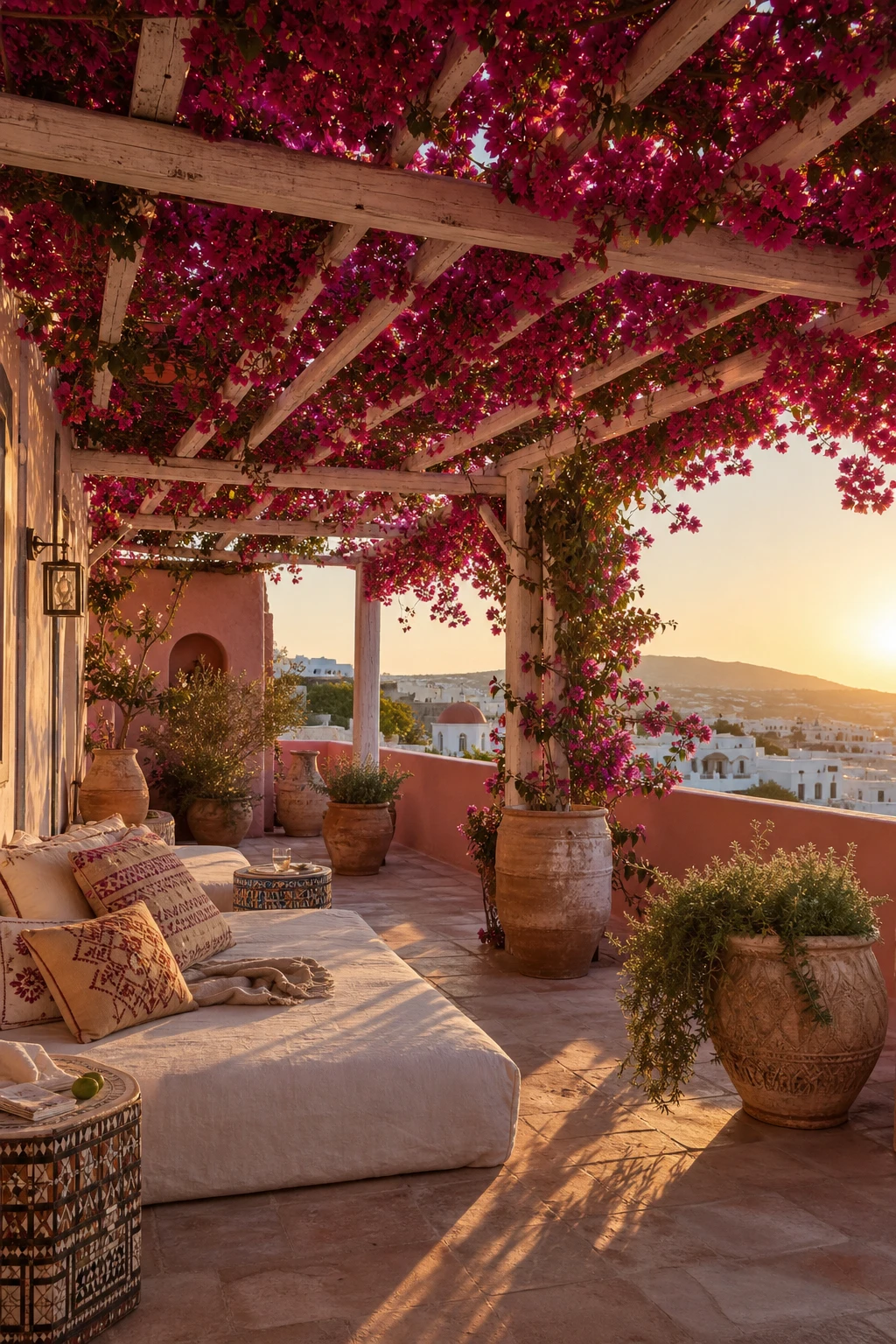 Greek Mediterranean rooftop pergola with flowering bougainvillea overhead canopy, whitewashed walls painted Rangwali pink, terracotta pots and mosaic tiles