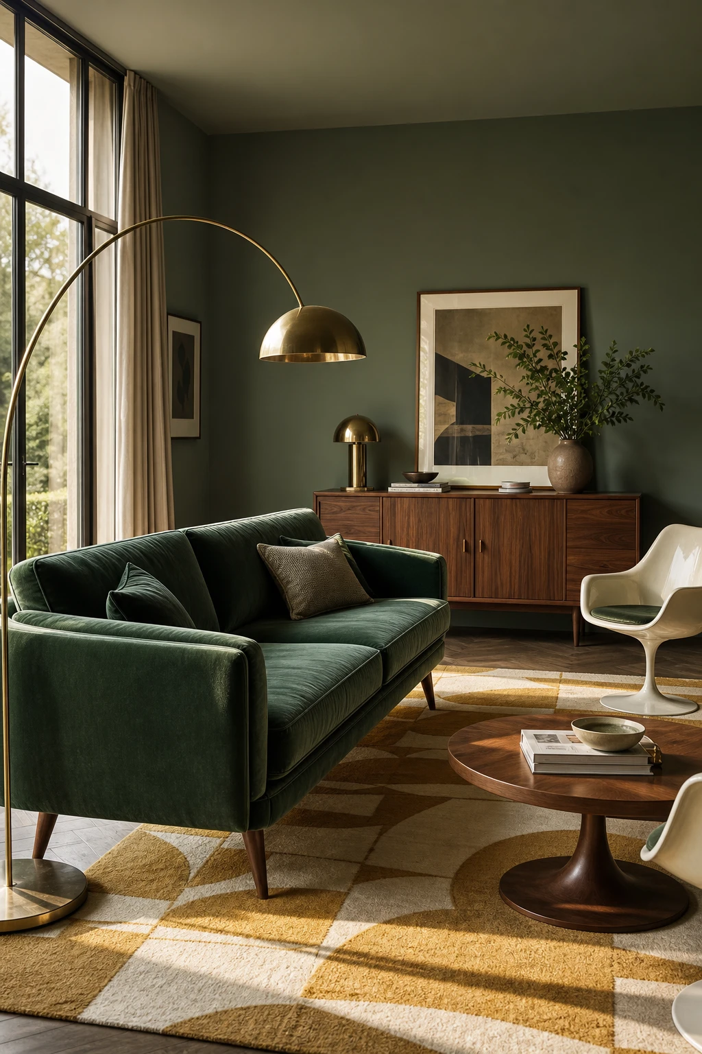 Green mid century modern living room anchored by a green velvet sofa, with walnut credenza, arc floor lamp, graphic rug, and Calke Green painted walls