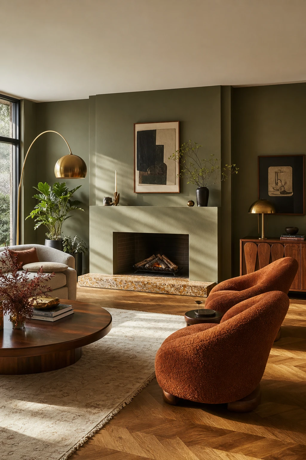 Green mid century modern living room centred on a statement fireplace with Farrow and Ball Bancha painted surround, walnut furniture and terrazzo hearth