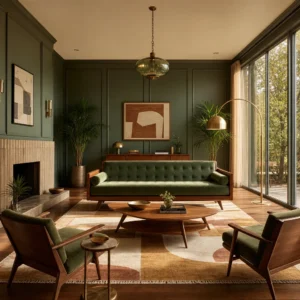 Green mid century modern living room with sage wood panelling, button tufted velvet sofa, fluted tile fireplace, geometric wool rug, and brass lighting in warm late afternoon light.