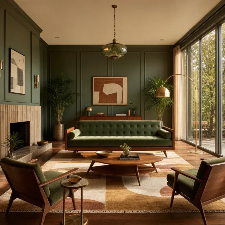Green mid century modern living room with sage wood panelling, button tufted velvet sofa, fluted tile fireplace, geometric wool rug, and brass lighting in warm late afternoon light.