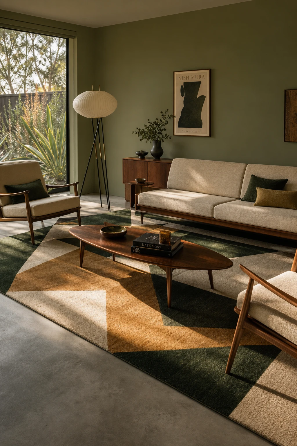 Green mid century modern living room with a bold geometric rug as the focal point, walnut furniture, tapered legs, and Farrow & Ball Green Ground walls