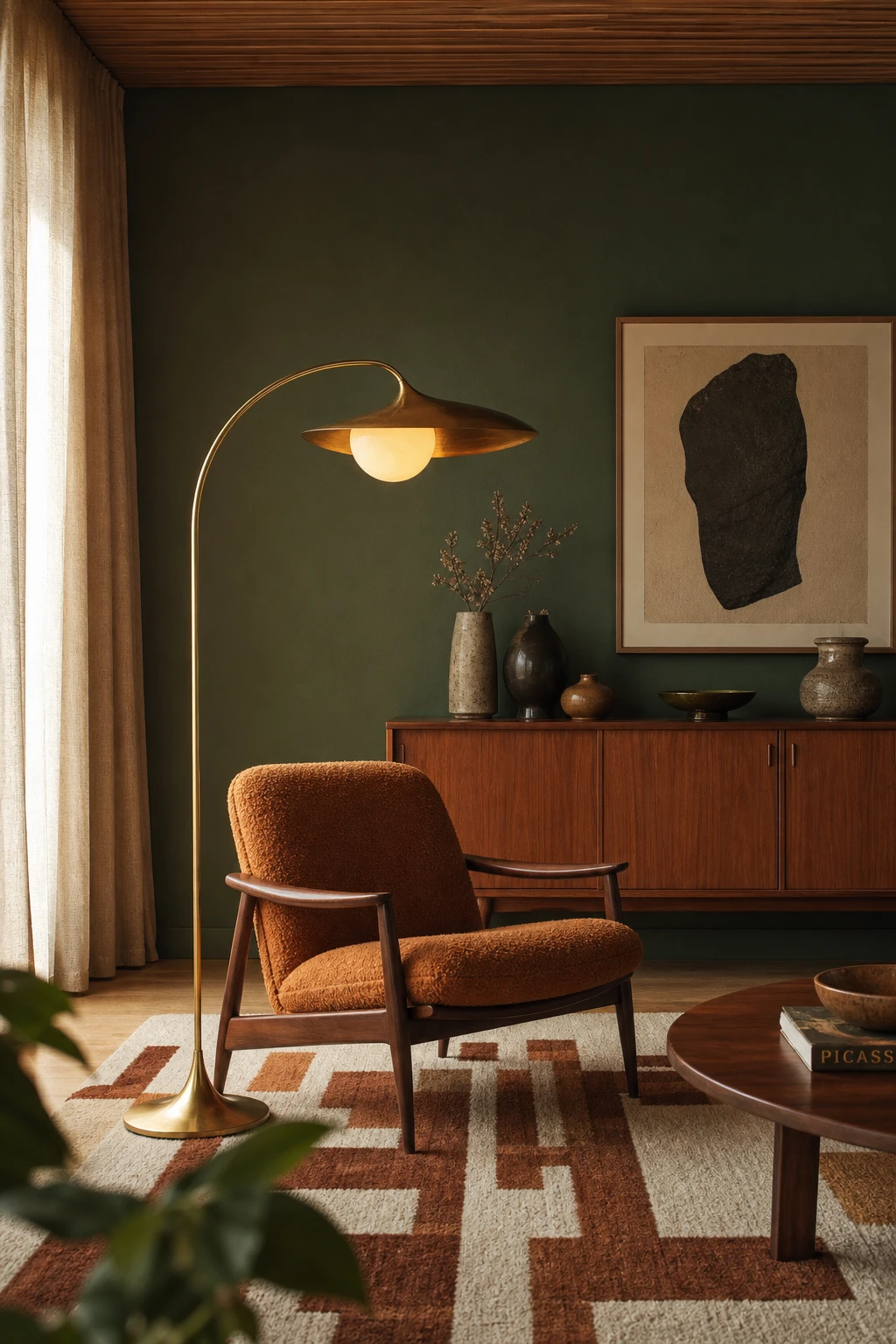 Green mid century modern living room with a brass floor lamp as hero, walnut furniture, Yeabridge Green walls, and warm evening light