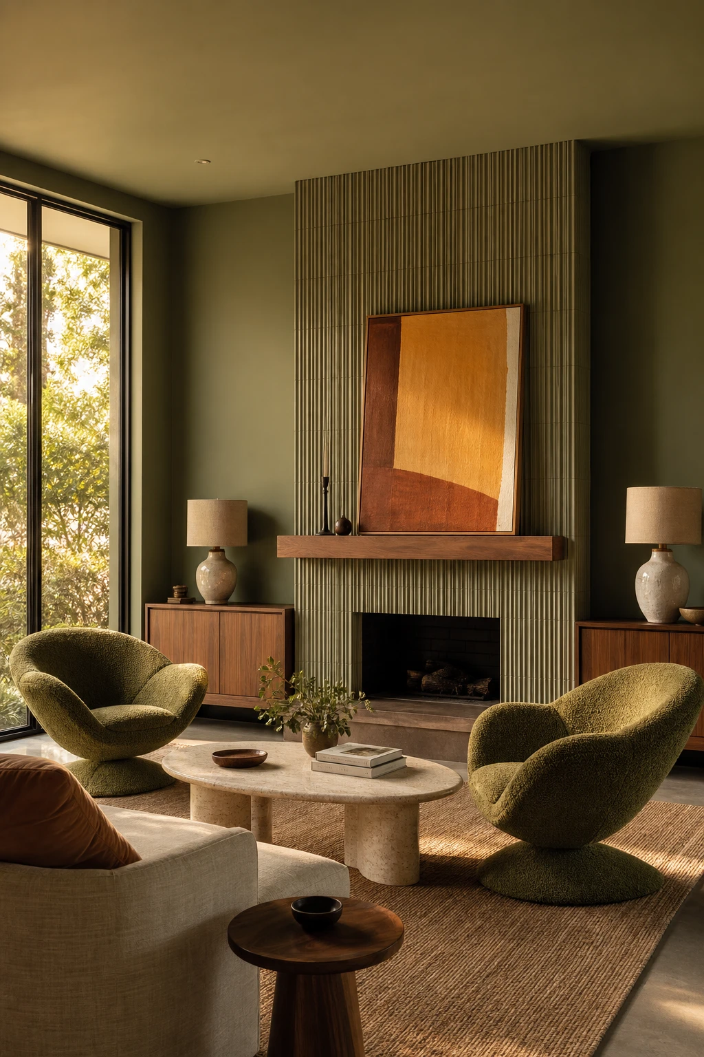 Green Mid Century Modern living room with a fluted tile surround fireplace as the hero feature, sage green walls, walnut furniture and warm afternoon light