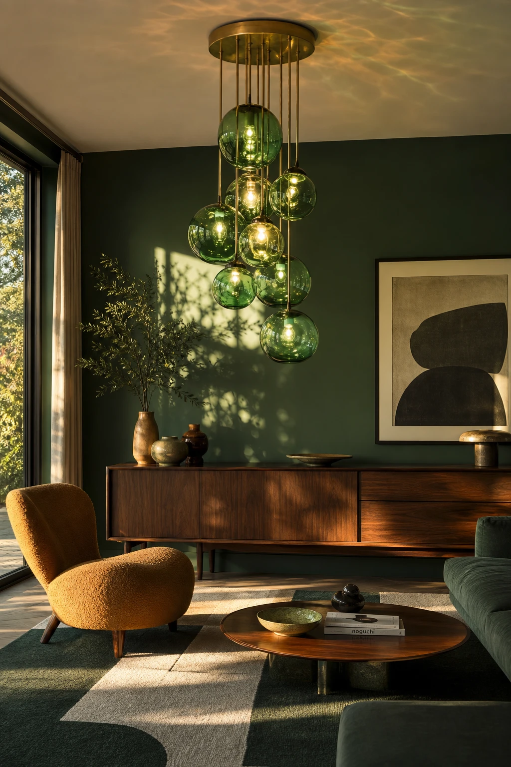 Green mid century modern living room with a green glass chandelier as the hero, warm evening light, walnut furniture, and Farrow & Ball Emerald Green painted walls