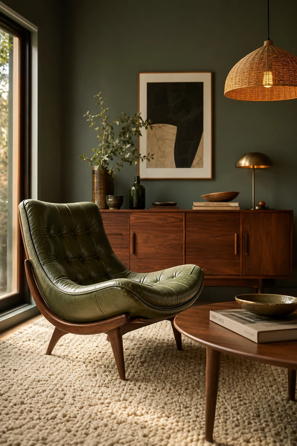 Green mid century modern living room with a green leather lounge chair as the hero, walnut credenza, rattan pendant, and textured wool rug under warm afternoon light