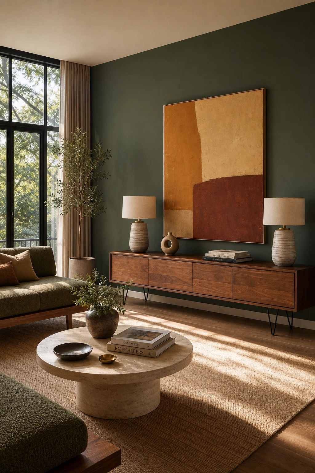 Green mid century modern living room with a low walnut media console as the hero, flanked by ceramic table lamps and abstract art above, Farrow and Ball Saxon Green walls