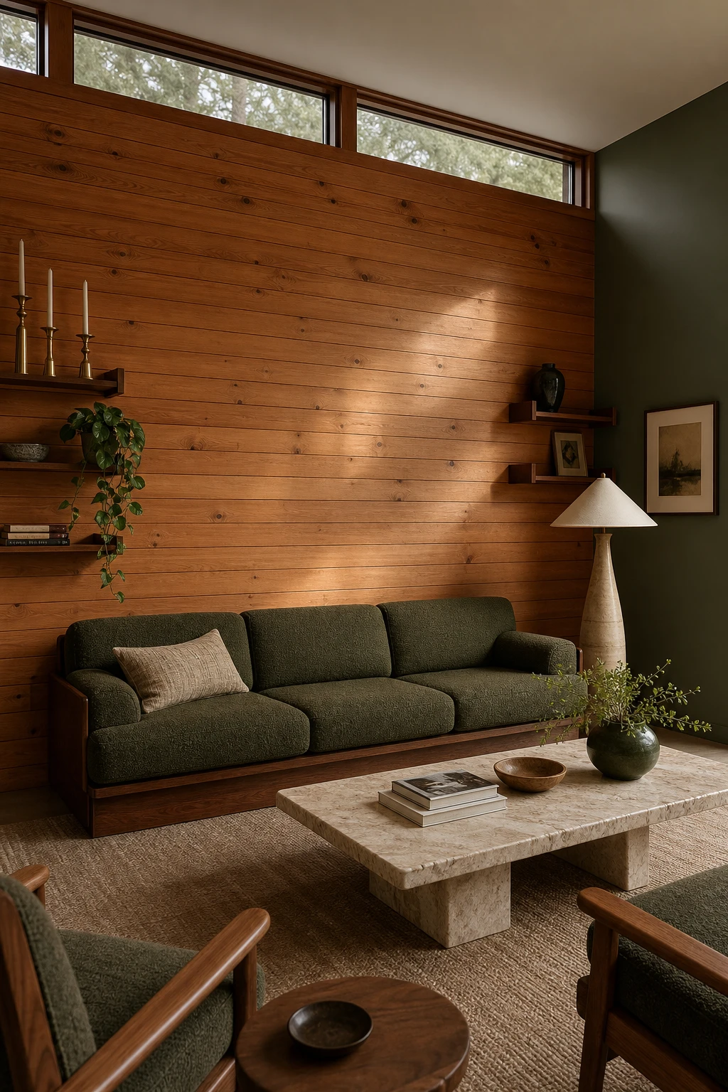 Green mid century modern living room with a natural wood wall as the hero, walnut furniture, low profile sofa, and Farrow & Ball Arsenic painted accent wall