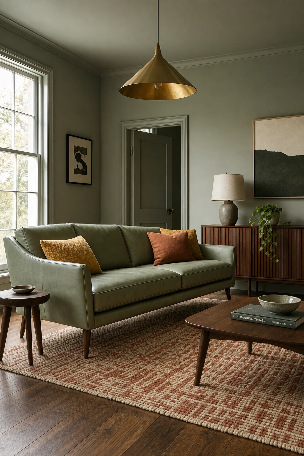 Green mid century modern living room with a sage leather sofa as the centrepiece, walnut furniture, cone pendant light and Farrow and Ball Ash Grey walls