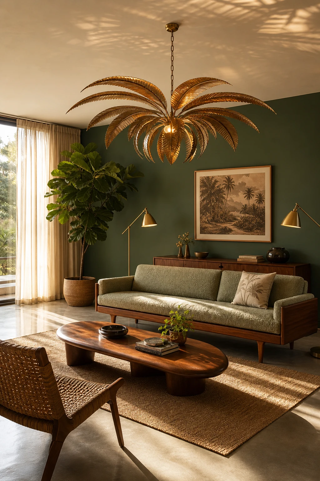 Green mid century modern living room with a sculptural palm motif pendant light as the hero above a walnut coffee table and low profile sofa