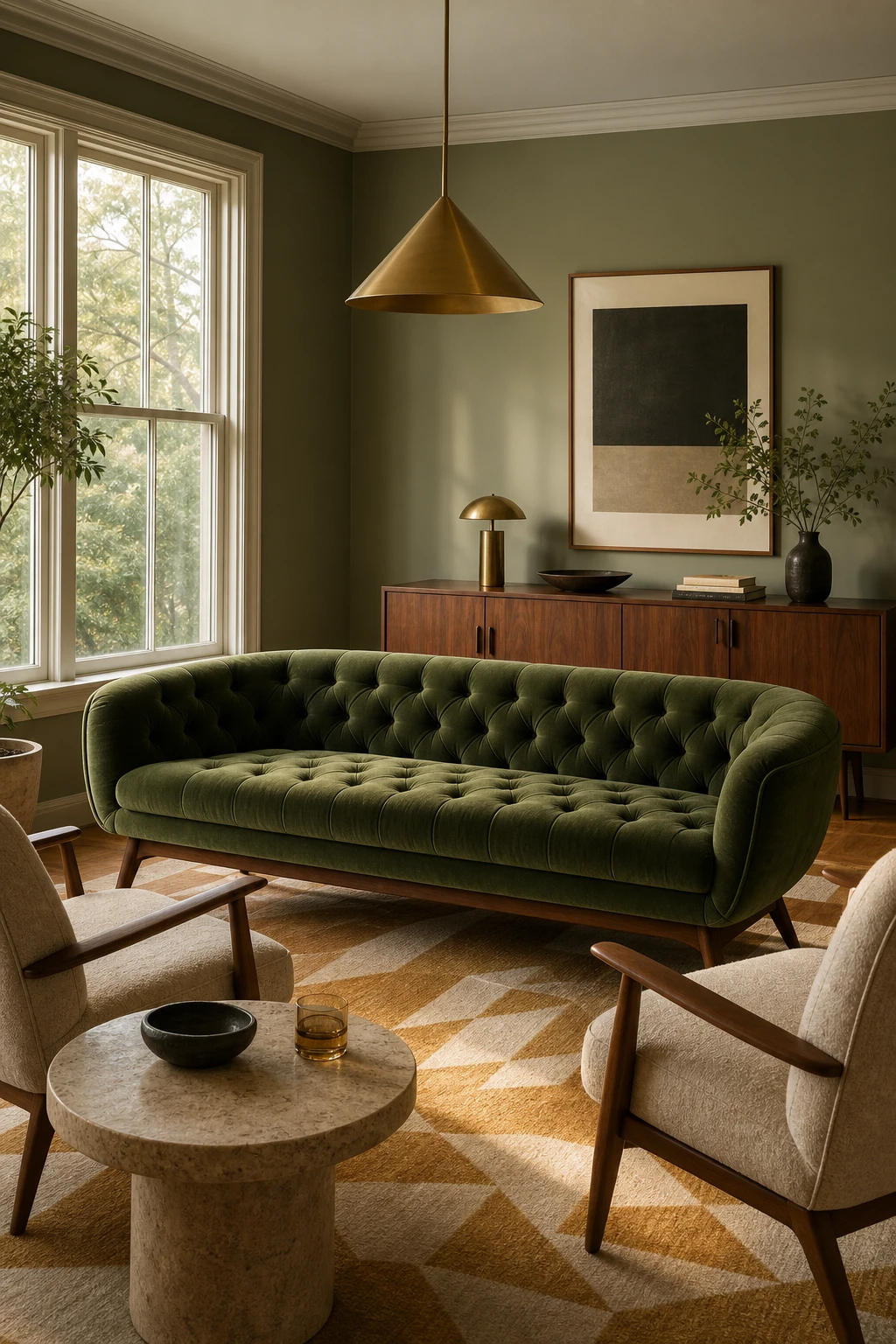 Green mid century modern living room with a tufted velvet sofa as the hero, walnut furniture, cone pendant light, and Farrow and Ball Lichen painted walls