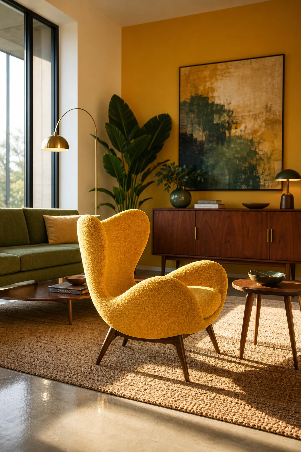 Green Mid Century Modern living room with a yellow accent chair as the hero, warm afternoon light, walnut furniture, and Farrow & Ball India Yellow painted feature wall.