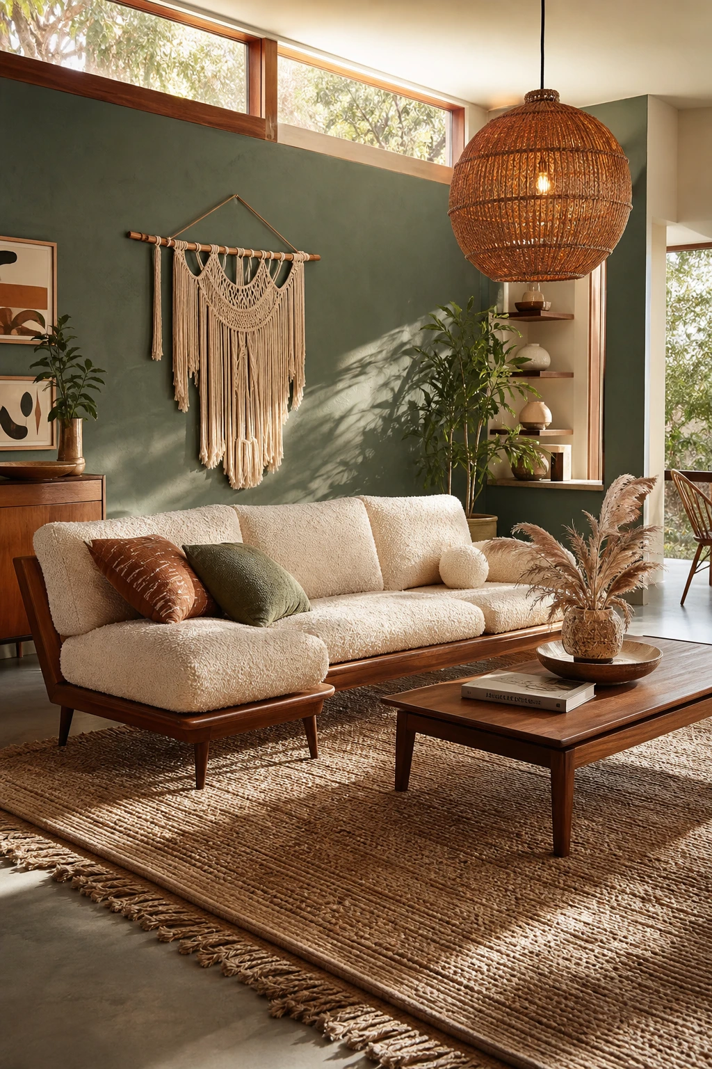 Green Mid Century Modern living room with boho mix featuring rattan, macrame, low profile teak sofa, woven rug and Farrow and Ball Treron painted walls