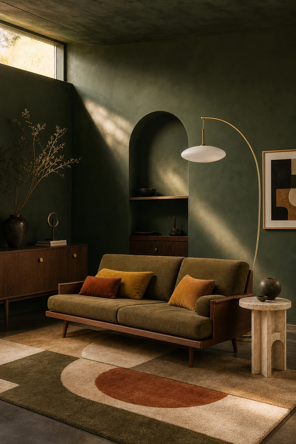 Green Mid Century Modern living room with dark green walls painted in Farrow and Ball Studio Green, walnut furniture, sunken sofa and graphic rug