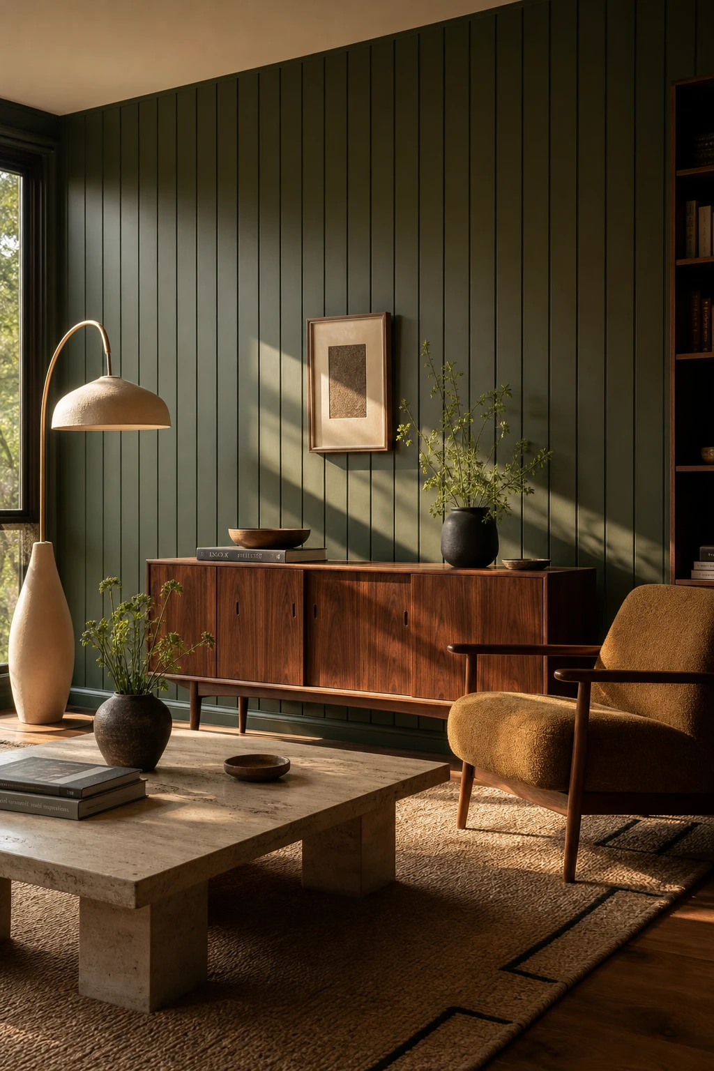 Green mid century modern living room with floor to ceiling Card Room Green wood panelling as the hero, warm walnut furniture and a woven jute rug under soft afternoon light
